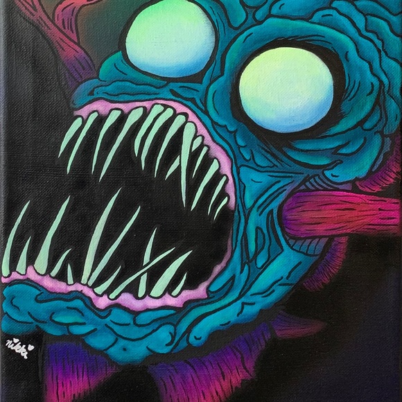Anglerfish blacklight airbrushed painting 12x20 - Picture 2 of 2